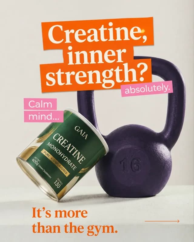 Creatine ad asking about inner strength beside a kettlebell
