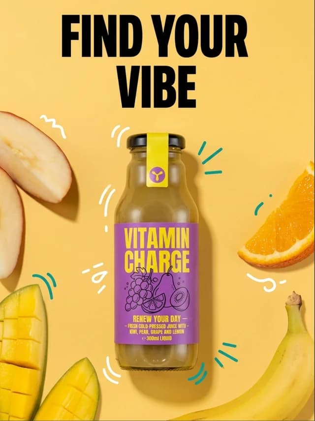 Vitamin drink ad reading Find Your Vibe among sliced fruit