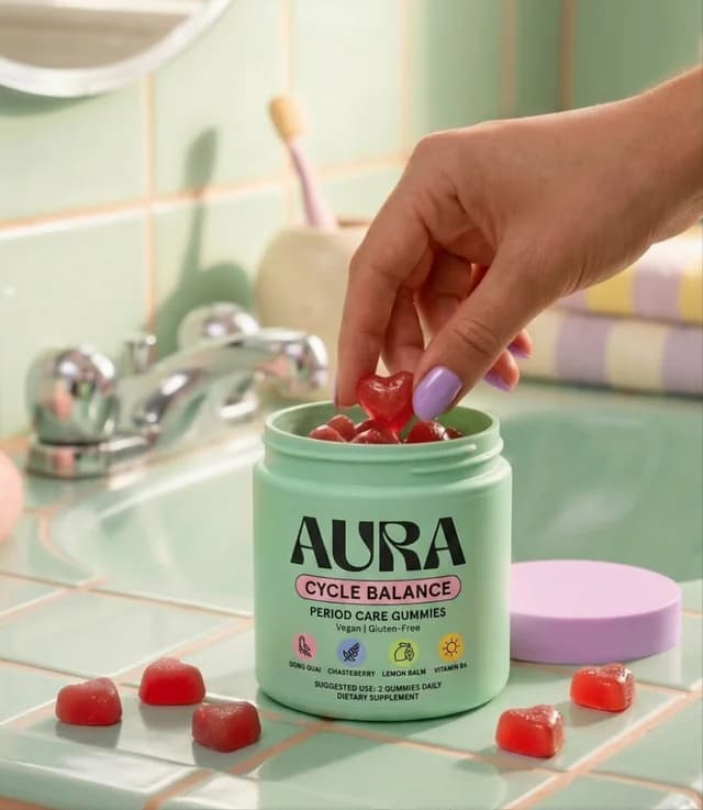 Cycle-balance gummies ad shot on a pastel bathroom counter