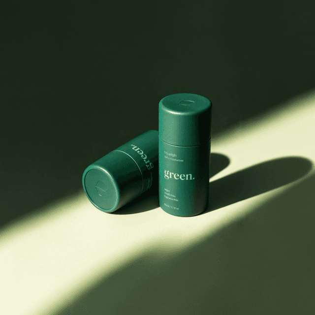 Duo of matte-green moisturiser tubs in warm side light