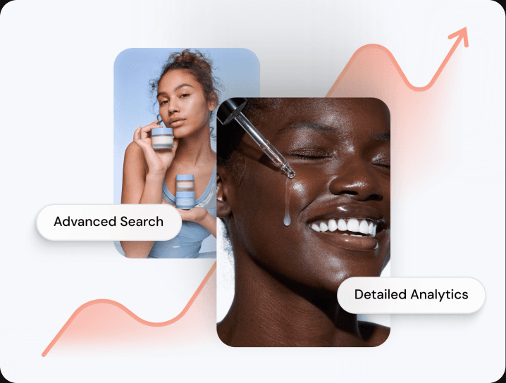 Beauty serum applied to glowing skin with an upward performance curve