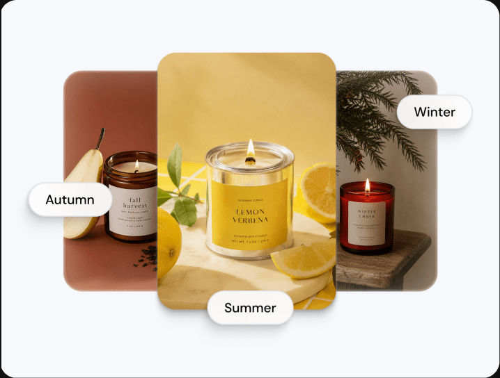 Seasonal candle and home decor arrangement tagged Autumn, Winter and Summer