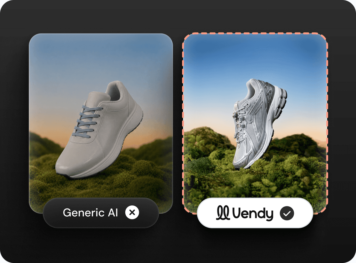 A sneaker rendered by generic AI with warped shape and wrong color beside the same product kept pixel-accurate by Vendy